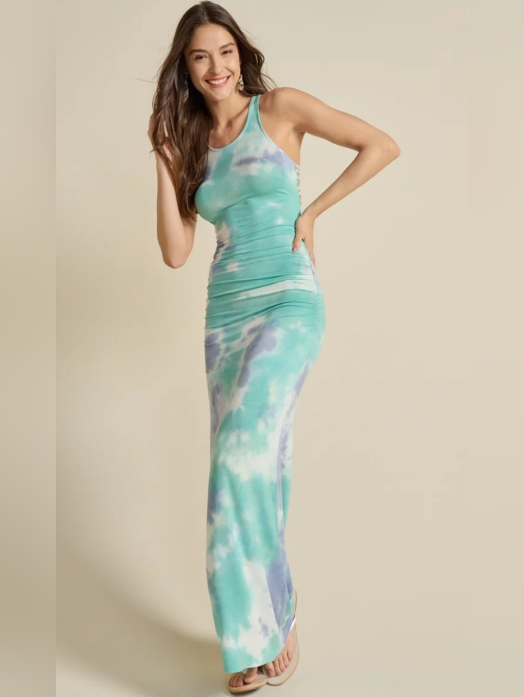 Nwt Venus Strappy Back Tie-Dye Tank Maxi Dress - Aqua Multi